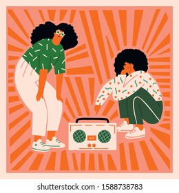 Funky girls with record player dancing on the street illustration in vector. Girl power concept poster with inspirational text quote dance, babe.