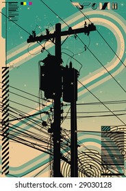 Funky graphic a featuring telephone pole radiating a mass of wires.