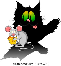 Funky gray mouse with a big piece of cheese and cat