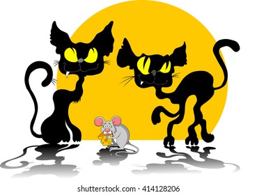 Funky gray mouse with a big piece of cheese and cat