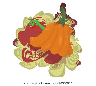 A funky green creature, holding a cute red worm, hiding behind a Halloween pumkin; vintage, exotic background. This cartoon illustration can be used for creative Halloween parties. Vector, isolated.