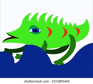 A funky green lizard in a sea. This illustration can be used as an advertising material for fun organizations. Vector illustration, isolated.
