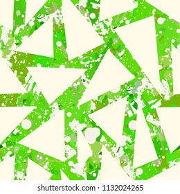 Funky green paint seamless pattern, abstract vector background. Colorful design wallpaper for textile, fabric, wrapping paper. White triangles overlay.