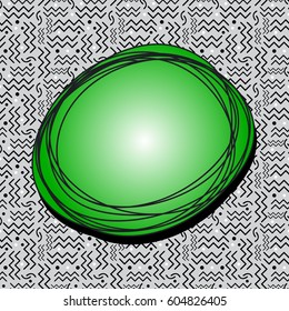 A funky green speech bubble over a seamless Memphis style design in black, white and gray. Vector EPS-10 file, transparency used. 