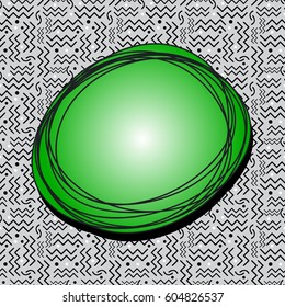A funky green speech bubble over a seamless Memphis style design in black, white and gray. Vector EPS-10 file, transparency used. 