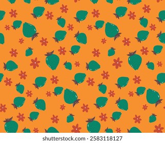 Funky green strawberries  orange flowers pattern  Groovy  playful and vibrant design for eye-catching projects