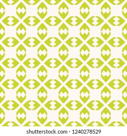 Funky green vector seamless pattern. Abstract geometric texture with simple figures, leaves, rhombuses. Modern colorful background. Natural organic style. Repeat design for decor, wrapping, package