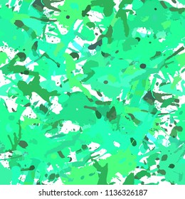 Funky greenr paint splashes seamless pattern, abstract multicolor vector background. Colorful design wallpaper for textile, fabric, wrapping paper.