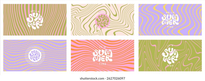 Funky groovy 1:2 colorful backgrounds set. Hello it's summer time hand lettering. Hippie doodle half page banners collection. Uneven hand drawn wavy twisted deformed fluid uneven organic curved lines.