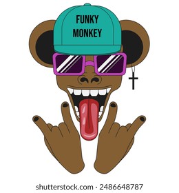 Funky Groovy animal isolated white background. Groovy rave Monkey head in the cap. Style template design t-shirt print, postcard, poster cover. Vector illustration for web and social media.