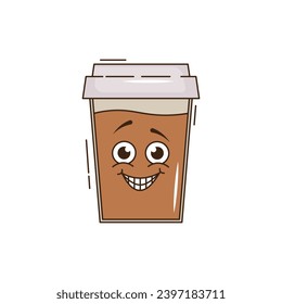 Funky groovy cartoon character Coffee sticker. Vintage funny mascot patch fast psychedelic smile and emotion. Design art for cafe, bar, restaurant. Comic trendy vector illustration 90s style