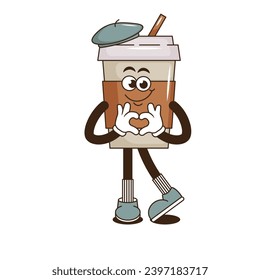 Funky groovy cartoon character Coffee sticker. Vintage funny mascot patch fast psychedelic smile and emotion. Design art for cafe, bar, restaurant. Comic trendy vector illustration 90s style