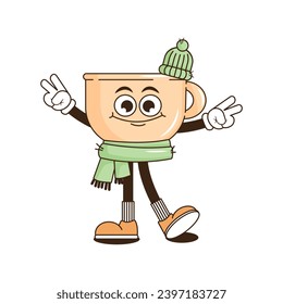 Funky groovy cartoon character Coffee sticker. Vintage funny mascot patch fast psychedelic smile and emotion. Design art for cafe, bar, restaurant. Comic trendy vector illustration 90s style
