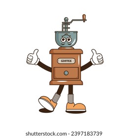 Funky groovy cartoon character Coffee sticker. Vintage funny mascot patch fast psychedelic smile and emotion. Design art for cafe, bar, restaurant. Comic trendy vector illustration 90s style