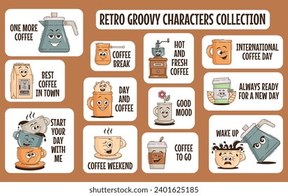 Funky groovy cartoon character Coffee sticker, slogan quote. Vintage funny mascot patch fast psychedelic smile, emotion. Design art for cafe, bar,restaurant. Comic trendy vector illustration 90s style