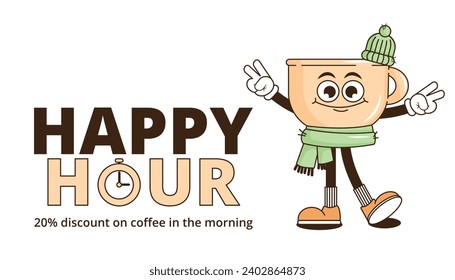 Funky groovy Cartoon-Charakter Coffee Happy Hour Banner. Vintage lustige Maskottpflaster psychedelisches Lächeln, Gefühle. Design Kunst für Café, Bar, Restaurant. Comic-trendige Vektorgrafik im Stil der 90er