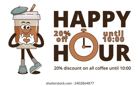 Funky groovy cartoon character Coffee Happy Hour banner. Vintage funny mascot patch psychedelic smile, emotion. Design art for cafe, bar, restaurant. Comic trendy vector illustration 90s style