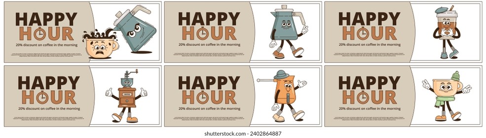 Funky groovy cartoon character Coffee Happy Hour coupon. Vintage funny mascot patch psychedelic smile, emotion. Design art for cafe, bar, restaurant. Comic trendy set vector illustration 90s style
