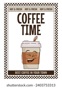 Funky groovy cartoon character Coffee poster. Vintage funny mascot patch fast psychedelic smile and emotion. Design art for cafe, bar, restaurant. Comic trendy vector illustration 90s style