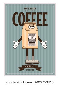 Funky groovy cartoon character Coffee poster. Vintage funny mascot patch fast psychedelic smile and emotion. Design art for cafe, bar, restaurant. Comic trendy vector illustration 90s style
