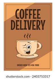 Funky groovy cartoon character Coffee poster. Vintage funny mascot patch fast psychedelic smile and emotion. Design art for cafe, bar, restaurant. Comic trendy vector illustration 90s style