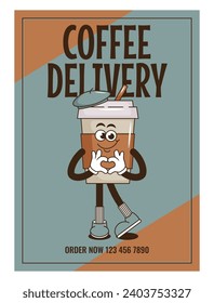Funky groovy cartoon character Coffee poster. Vintage funny mascot patch fast psychedelic smile and emotion. Design art for cafe, bar, restaurant. Comic trendy vector illustration 90s style