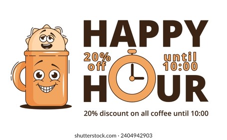 Funky groovy cartoon character Coffee Happy Hour banner. Vintage funny mascot patch psychedelic smile, emotion. Design art for cafe, bar, restaurant. Comic trendy vector illustration 90s style