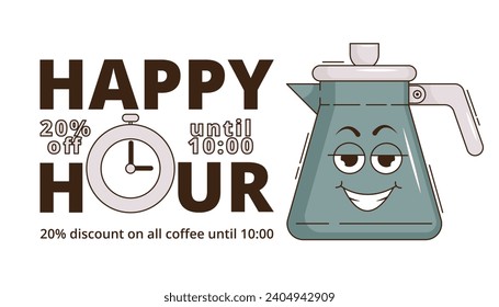 Funky groovy cartoon character Coffee Happy Hour banner. Vintage funny mascot patch psychedelic smile, emotion. Design art for cafe, bar, restaurant. Comic trendy vector illustration 90s style