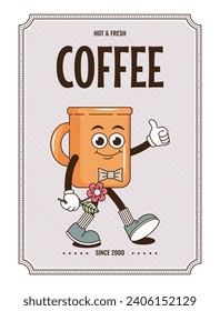 Funky groovy cartoon character Coffee poster. Vintage funny mascot patch fast psychedelic smile and emotion. Design art for cafe, bar, restaurant. Comic trendy vector illustration 90s style