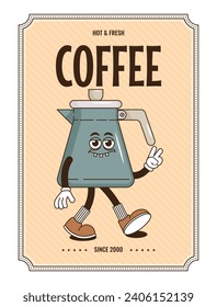 Funky groovy cartoon character Coffee poster. Vintage funny mascot patch fast psychedelic smile and emotion. Design art for cafe, bar, restaurant. Comic trendy vector illustration 90s style