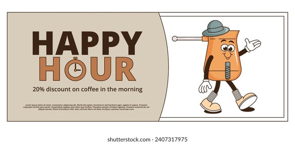 Funky groovy cartoon character Coffee Happy Hour coupon. Vintage funny mascot patch psychedelic smile, emotion. Design art for cafe, bar, restaurant. Comic trendy vector illustration 90s style