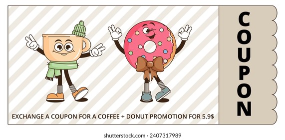 Funky groovy cartoon character Coffee, Donat promotion gift coupon. Vintage funny mascot patch psychedelic smile, emotion. Design art cafe, bar, restaurant. Comic trendy vector illustration 90s style
