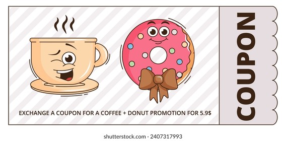 Funky groovy cartoon character Coffee, Donat promotion gift coupon. Vintage funny mascot patch psychedelic smile, emotion. Design art cafe, bar, restaurant. Comic trendy vector illustration 90s style