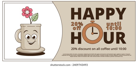 Funky groovy cartoon character Coffee Happy Hour coupon. Vintage funny mascot patch psychedelic smile, emotion. Design art for cafe, bar, restaurant. Comic trendy vector illustration 90s style