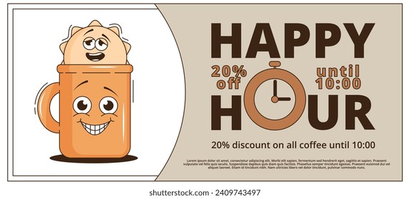 Funky groovy cartoon character Coffee Happy Hour coupon. Vintage funny mascot patch psychedelic smile, emotion. Design art for cafe, bar, restaurant. Comic trendy vector illustration 90s style