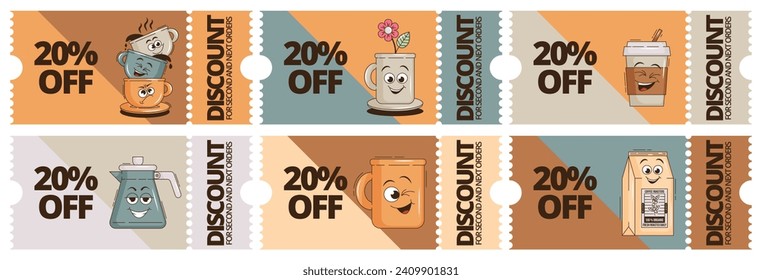 Funky groovy cartoon character Coffee discount coupon. Vintage funny mascot patch psychedelic smile, emotion. Design art for cafe, bar, restaurant. Comic trendy set vector illustration 90s style