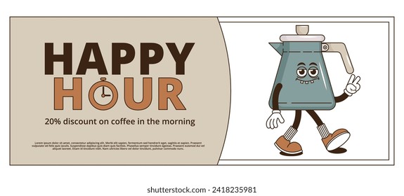 Funky groovy cartoon character Coffee Happy Hour coupon. Vintage funny mascot patch psychedelic smile, emotion. Design art for cafe, bar, restaurant. Comic trendy vector illustration 90s style