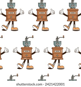 Funky groovy cartoon character Coffee seamless pattern. Vintage funny mascot backdrop psychedelic smile, emotion. Design art for cafe, bar, restaurant. Comic trendy vector illustration 90s style