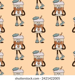Funky groovy cartoon character Coffee seamless pattern. Vintage funny mascot backdrop psychedelic smile, emotion. Design art for cafe, bar, restaurant. Comic trendy vector illustration 90s style