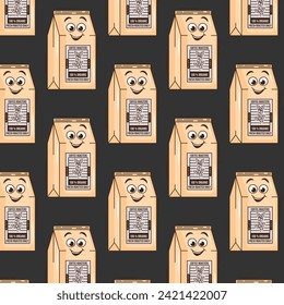 Funky groovy cartoon character Coffee seamless pattern. Vintage funny mascot backdrop psychedelic smile, emotion. Design art for cafe, bar, restaurant. Comic trendy vector illustration 90s style