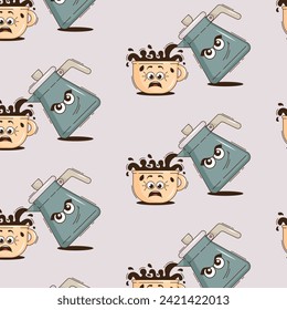 Funky groovy cartoon character Coffee seamless pattern. Vintage funny mascot backdrop psychedelic smile, emotion. Design art for cafe, bar, restaurant. Comic trendy vector illustration 90s style