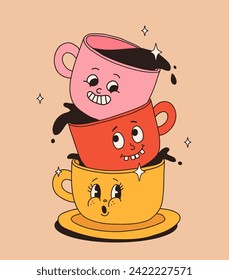 Funky groovy cartoon character Coffee sticker. Vintage funny mascot patch fast psychedelic smile and emotion. Design art for cafe, bar, restaurant. Comic trendy vector illustration 90s style