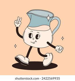 Funky groovy personaje de caricatura Coffee sticker. Una mascota vintage divertida con sonrisa psicodélica y emoción. Arte de diseño para cafetería, bar, restaurante. Ilustración vectorial de moda de historietas estilo años 70 de los 80 y 90