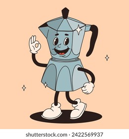 Funky groovy cartoon character Coffee sticker. Vintage funny mascot with psychedelic smile and emotion. Design art for cafe, bar, restaurant. Comic trendy vector illustration 70s 80s 90s style