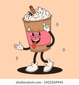 Funky groovy cartoon character Coffee sticker. Vintage funny mascot with psychedelic smile and emotion. Design art for cafe, bar, restaurant. Comic trendy vector illustration 70s 80s 90s style