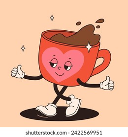 Funky groovy cartoon character Coffee sticker. Vintage funny mascot with psychedelic smile and emotion. Design art for cafe, bar, restaurant. Comic trendy vector illustration 70s 80s 90s style