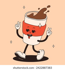 Funky groovy cartoon character Coffee sticker. Vintage funny mascot with psychedelic smile and emotion. Design art for cafe, bar, restaurant. Comic trendy vector illustration 70s 80s 90s style