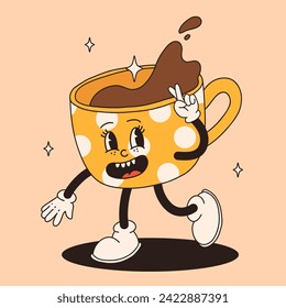 Funky groovy cartoon character Coffee sticker. Vintage funny mascot with psychedelic smile and emotion. Design art for cafe, bar, restaurant. Comic trendy vector illustration 70s 80s 90s style