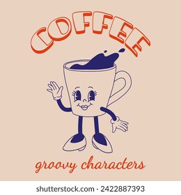 Funky groovy cartoon character Coffee sticker. Vintage funny mascot with psychedelic smile and emotion. Design art for cafe, bar, restaurant. Comic trendy vector illustration 70s 80s 90s style