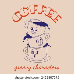 Funky groovy cartoon character Coffee sticker. Vintage funny mascot with psychedelic smile and emotion. Design art for cafe, bar, restaurant. Comic trendy vector illustration 70s 80s 90s style